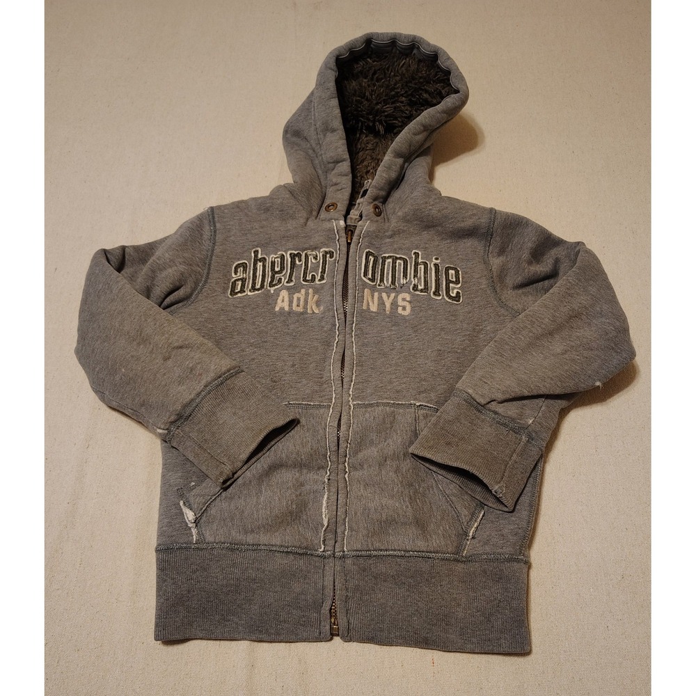 Abercrombie & Fitch Wolf Jaw Jacket Gray Faux Fur Zip Hoodie Small Distressed
